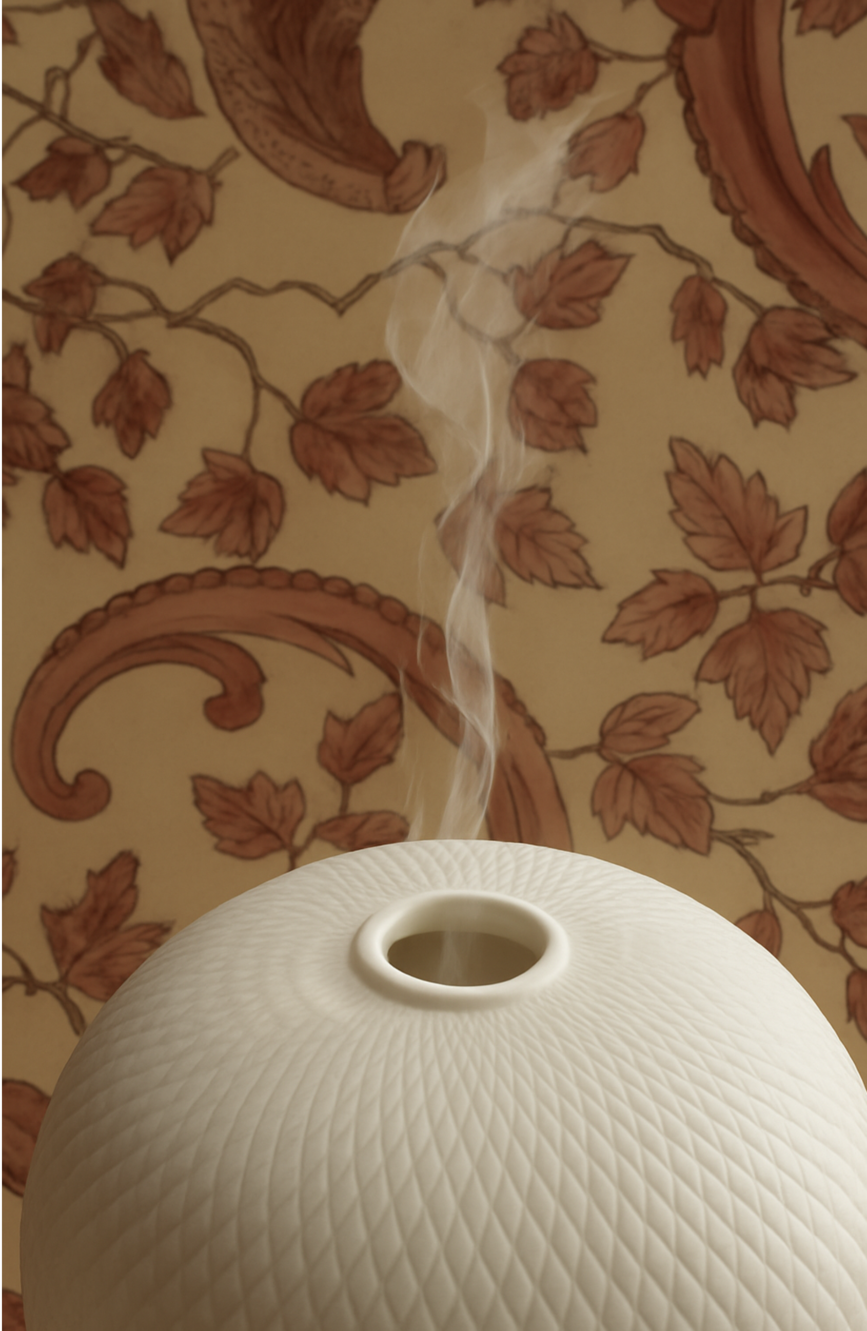 Close-up of a white, textured lamp with a round opening at the top from which some smoke or steam is rising. The background features a patterned wall with floral designs in shades of brown and beige.