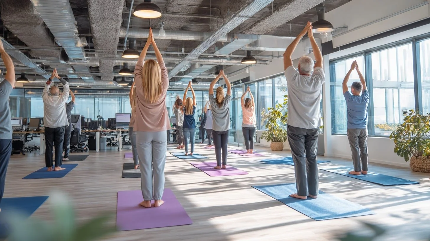 Employees practicing yoga together in a bright office space - successful corporate wellness program benefits - Chakra Hours