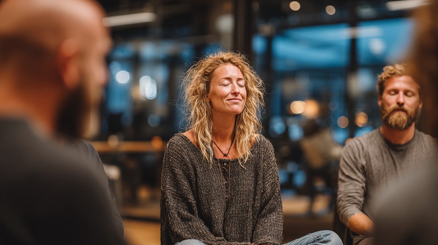 Team seated in a circle on cushions during a guided mindfulness session in a conference room - corporate wellness ideas - Chakra Hours