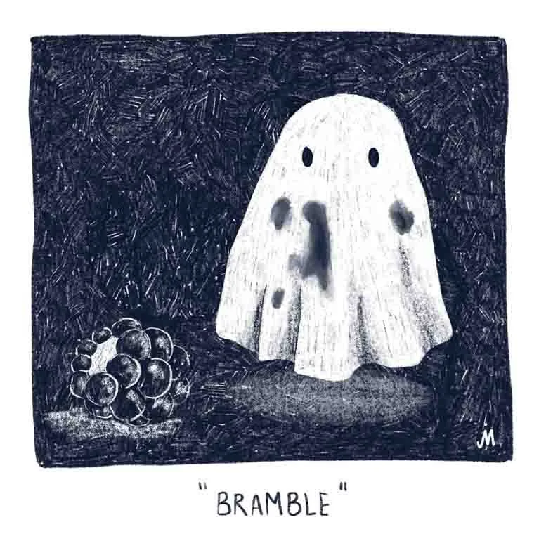 "Bramble". Ein Geist in einem fleckigen Tuch steht schuldbewusst neben einer Brombeere. Digital