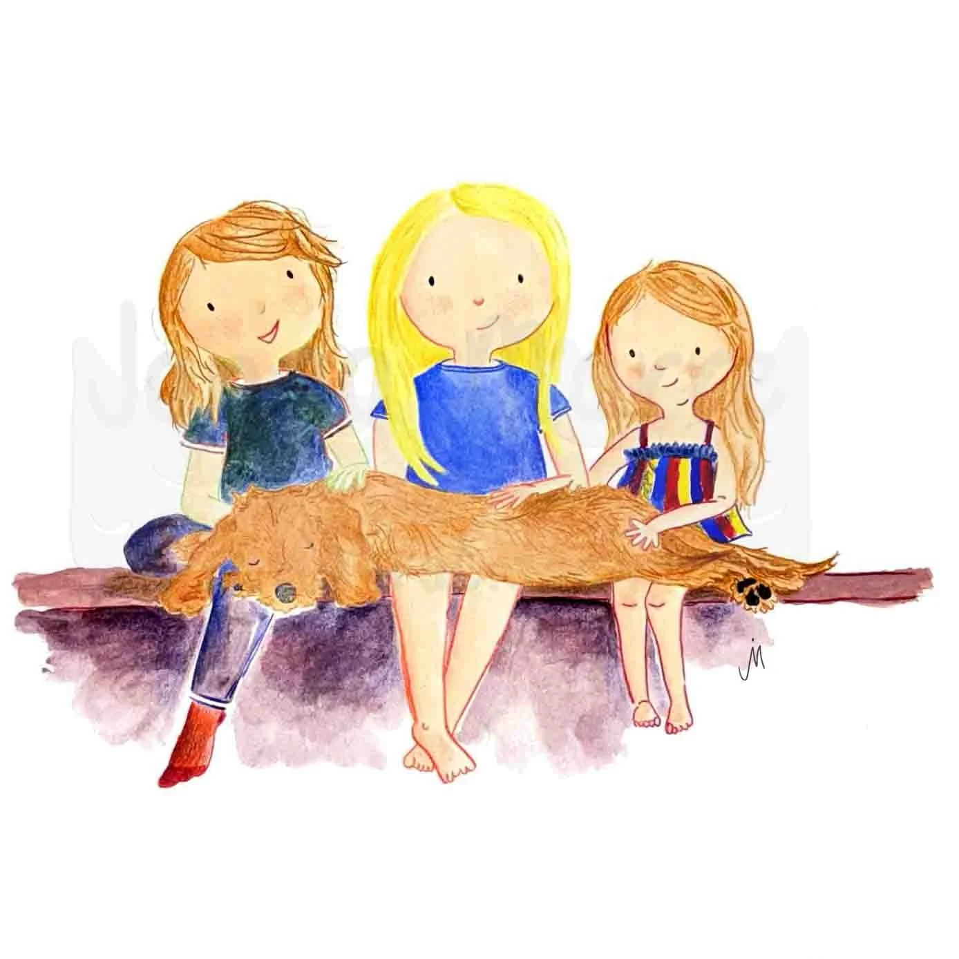 Drei Kinder sitzen nebeneinander und schauen den Betrachter an. Auf ihren Schößen liegt lang ausgestreckt ein hellbrauner Hund. Gouache und Buntstift auf Papier