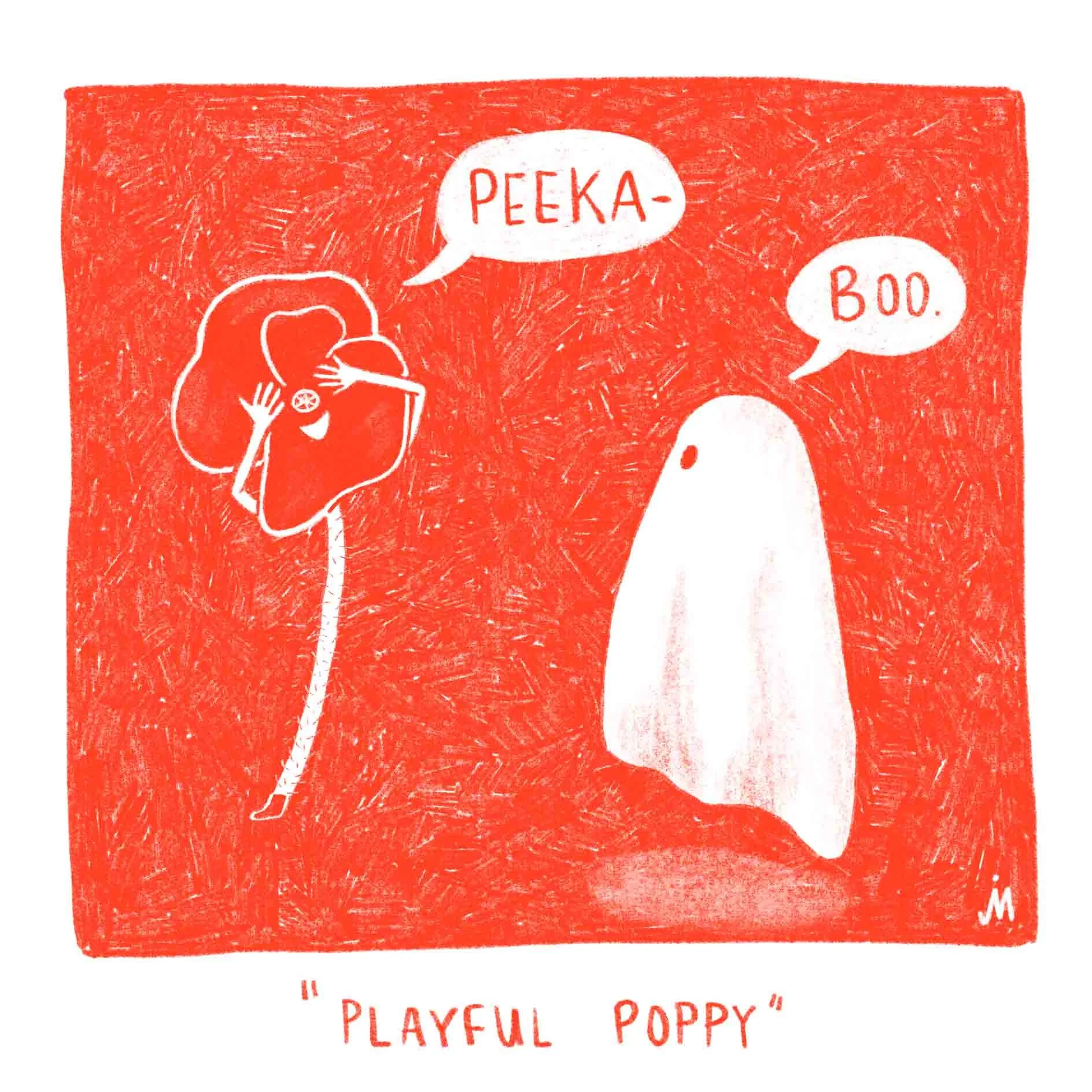 "Playful Poppy", Eine Mohnblume spielt Peekaboo mit dem Geist. Die Mohnblume sagt "Peeka" mit verdeckten Augen. Der Geist antwortet "Boo". Digital