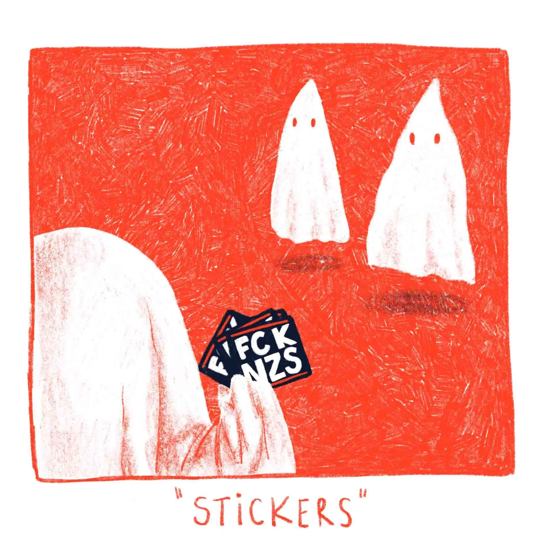 "Stickers" Ein Geist trifft im Afterlife auf zwei Geister mit spitzen Kapuzen und zückt "FCK NZS"-Sticker. Digital