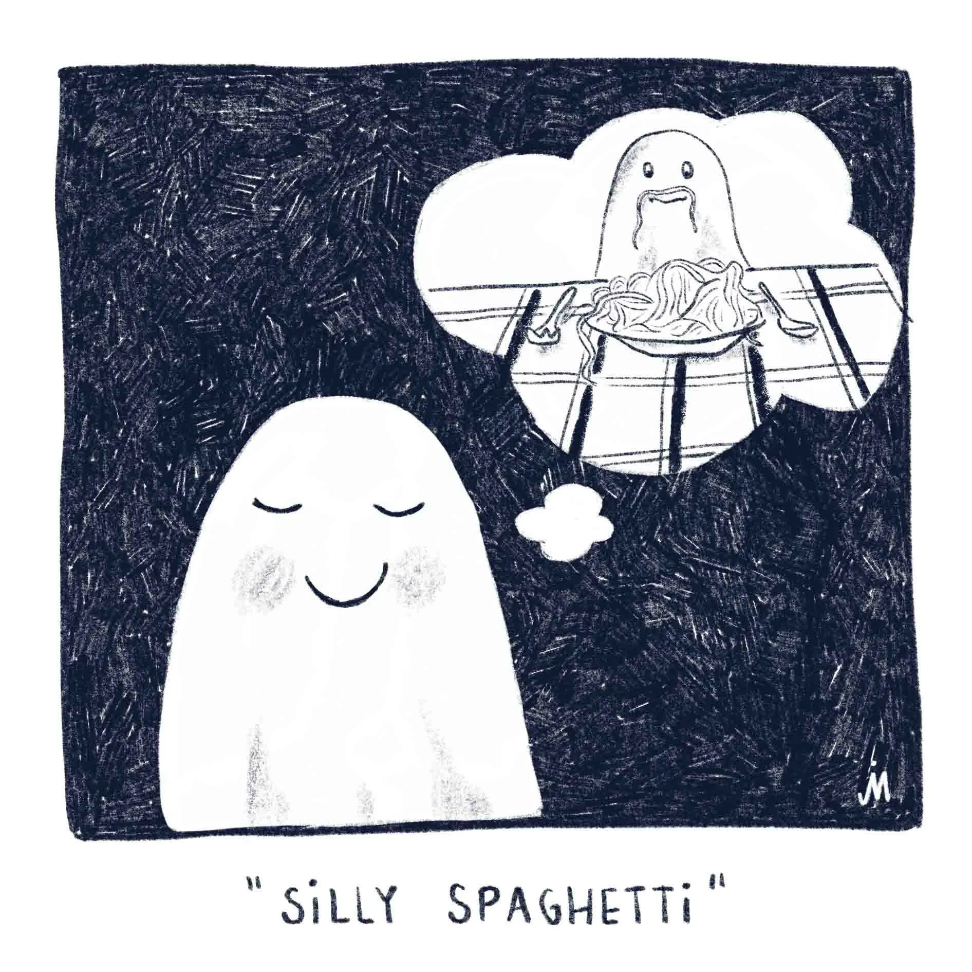 "Silly Spaghetti". Ein Geist denkt lächelnd daran, wieviel Quatsch man mit Spaghetti machen kann. Digital