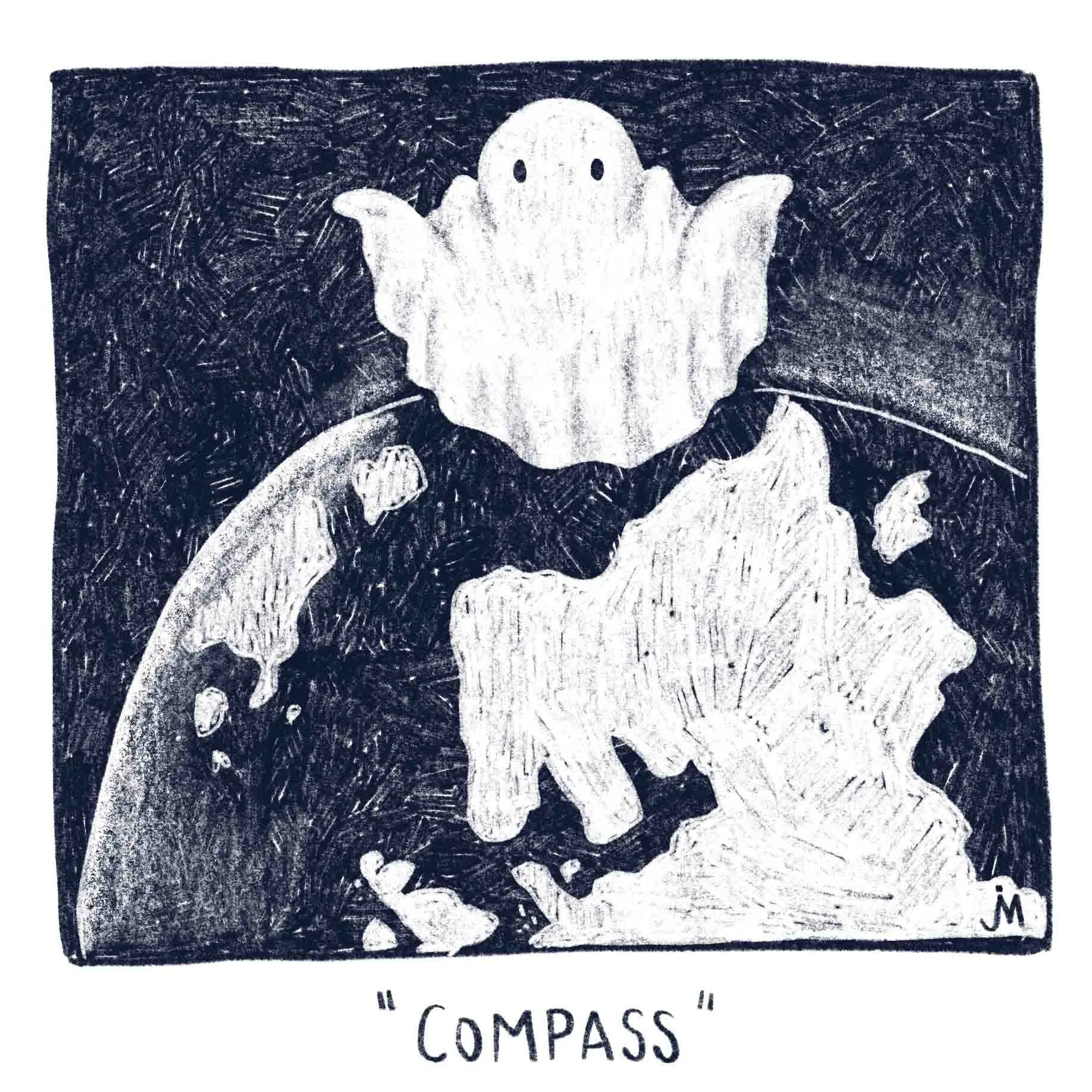 "Compass". Ein Geist schwebt über der Weltkugel und hebt ratlos die Schultern. Digital