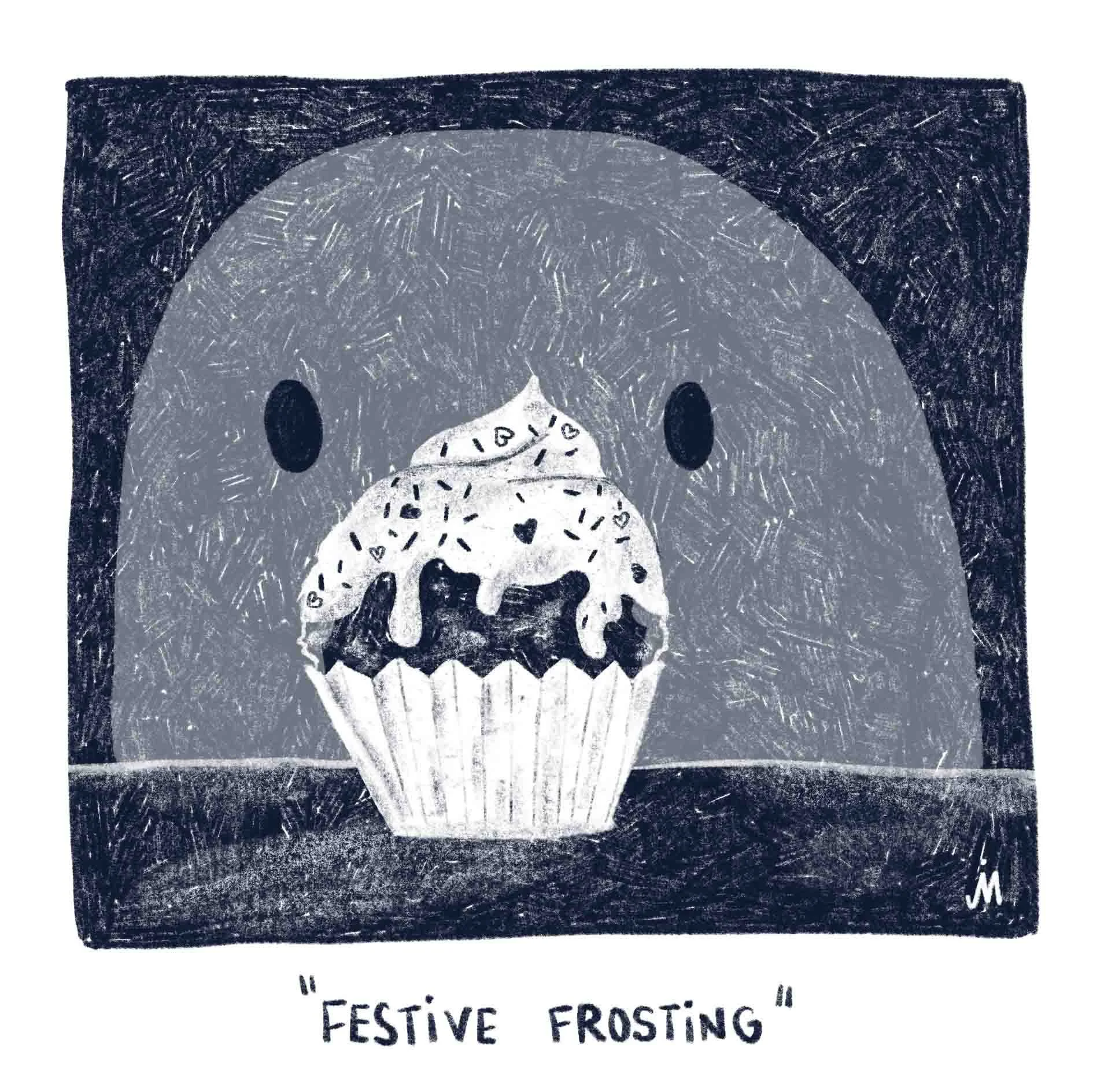 "Feierliches Frosting", Ein Geist starrt auf einen Cupcake, der vor ihm steht. Digital