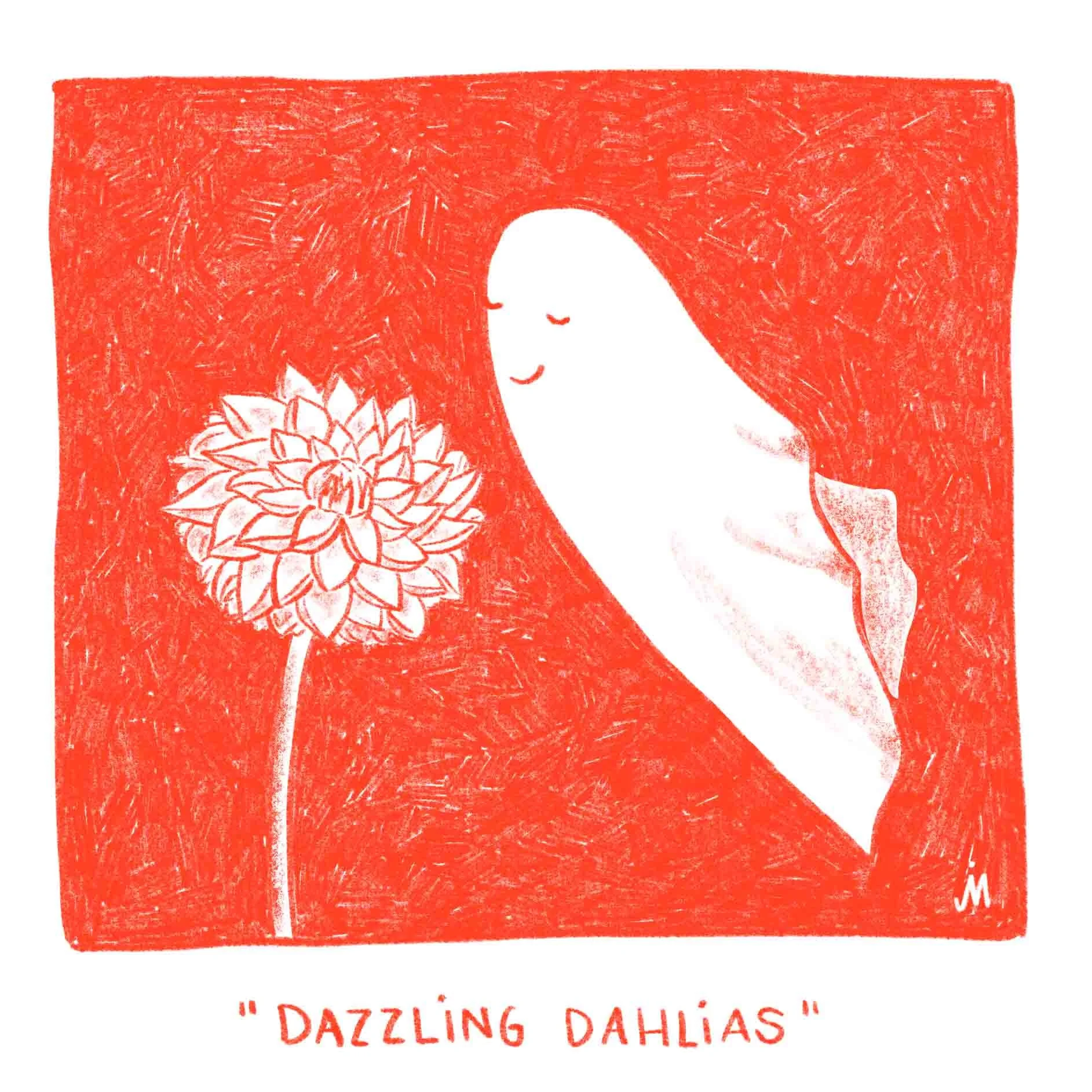 "Dazzling Dahlias." Geist schwebt auf Pompom-Dahlie zu und versucht an ihre zu schnuppern. Der Geist lächelt. Digital.