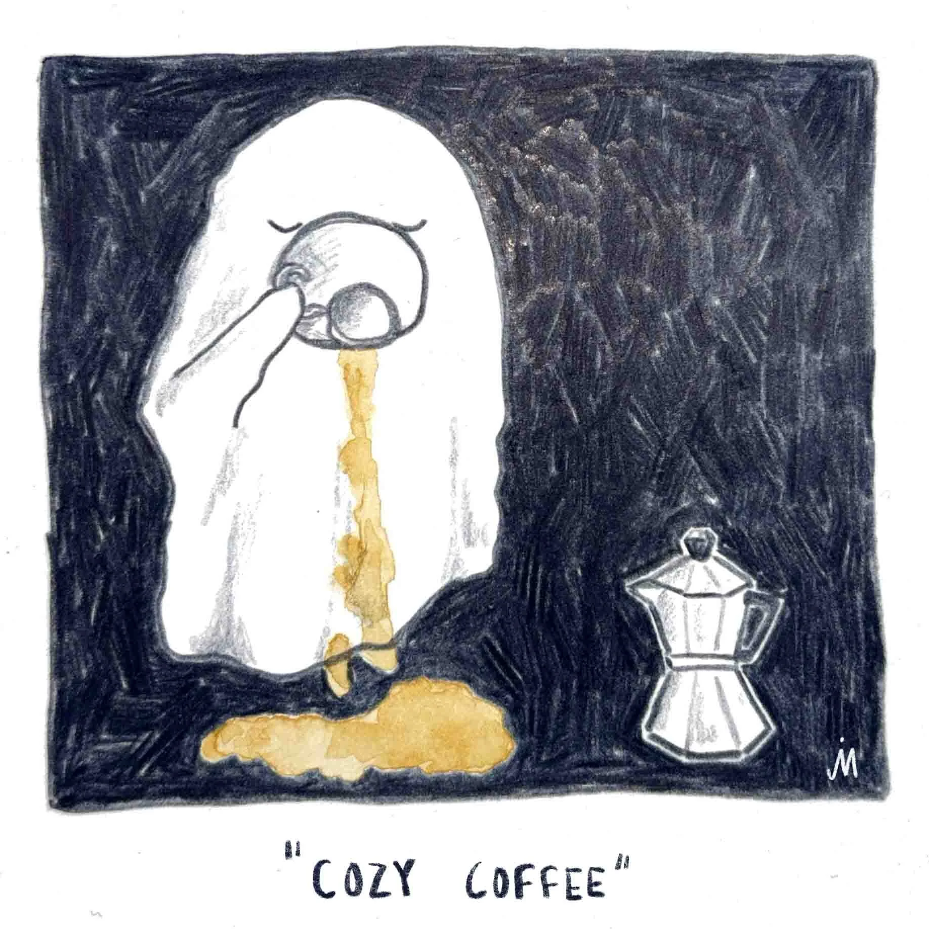 "Kaffee." Geist trinkt Kaffee, eine Espresso-Kanne steht neben ihm. Der Kaffee fließt durch ihn hindurch. Buntstift auf Papier.