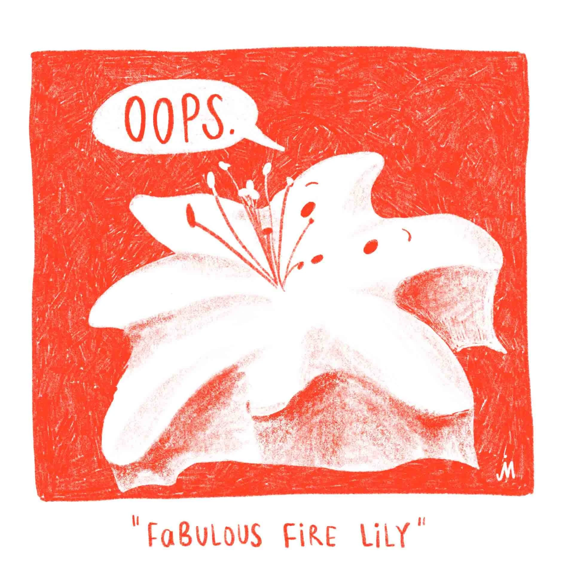 "Fabelhafte Feuerlilie." Ein Geist hat sich mit seinem Tuch in einer Lilienblüte verheddert. "Oops", steht in einer Sprechblase darüber. Digital