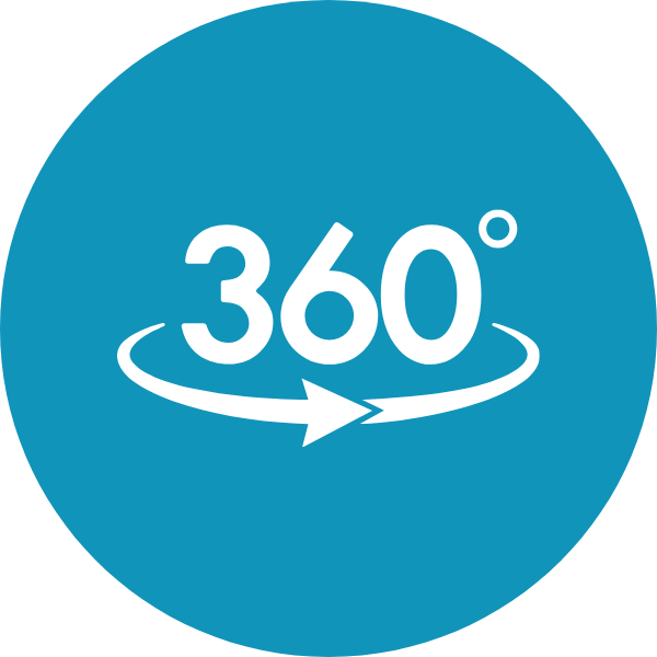 A blue circular icon with the text '360°' and an arrow indicating rotation, representing 360-degree view or rotation