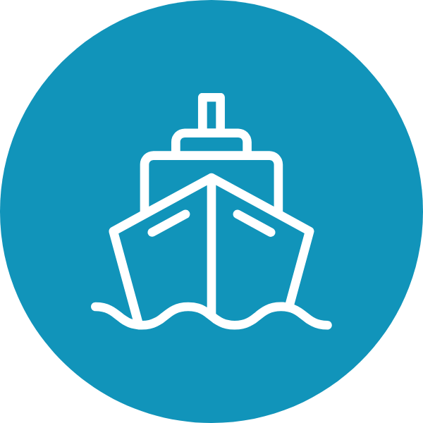 Icon of a cargo ship on water, depicted in white on a blue circular background.