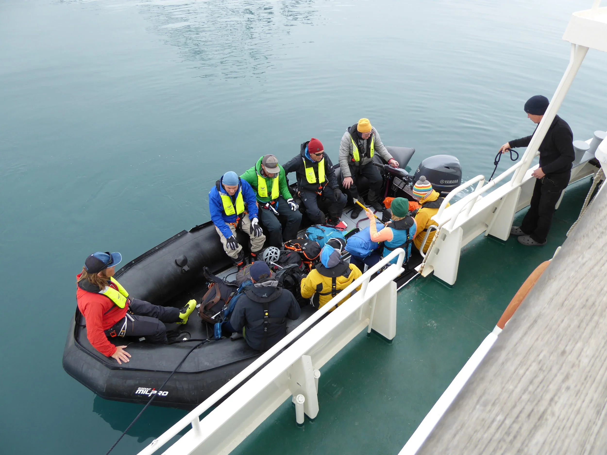 A Group of people preparing to drift of on one of the Dinghys onboard MV Ulla Rinman.