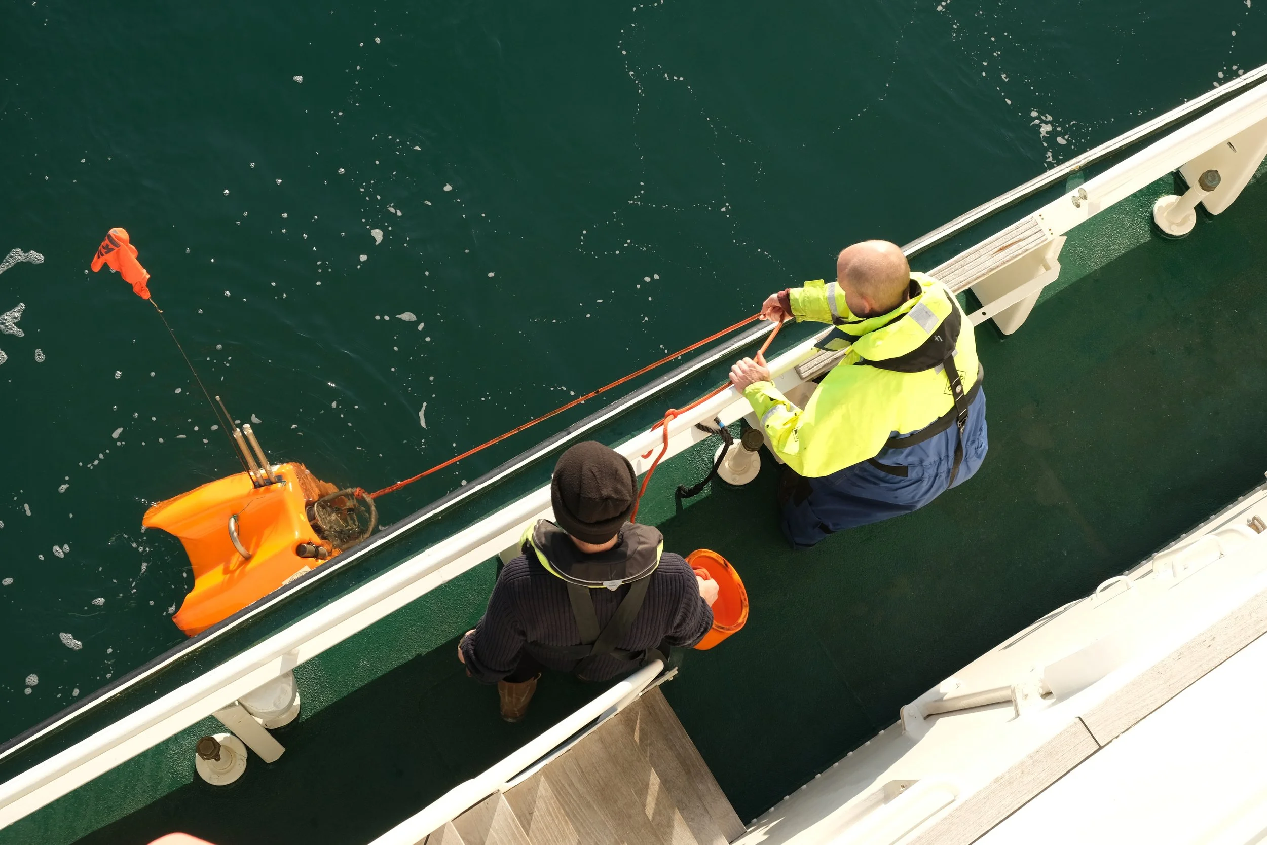 A buoy being slowly let down into the waters.