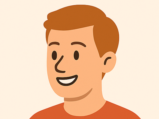 Illustration of slightly tan skinned boy with ginger brown straight hair facing left. He is wearing a copper top