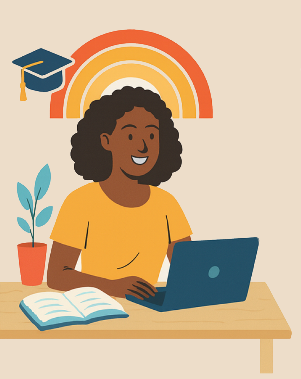 A woman with curly hair wearing a yellow shirt sitting at a desk working on a laptop, with an open book, a potted plant, a rainbow, and a graduation cap in the background.