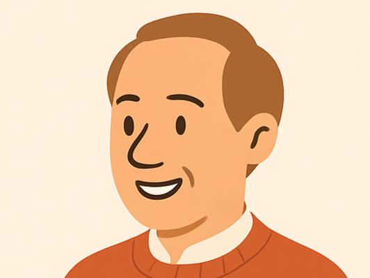 Illustration of light skinned man with brown straight hair and beard facing left. He is wearing a blue top