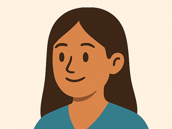 Digital illustration of a woman with long brown hair, smiling, wearing a purple shirt, set against a light beige background.