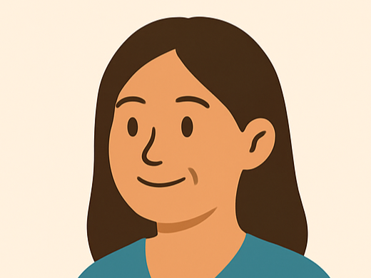 Illustration of tan skinned girl with dark brown straight hair facing left. She is wearing a blue top