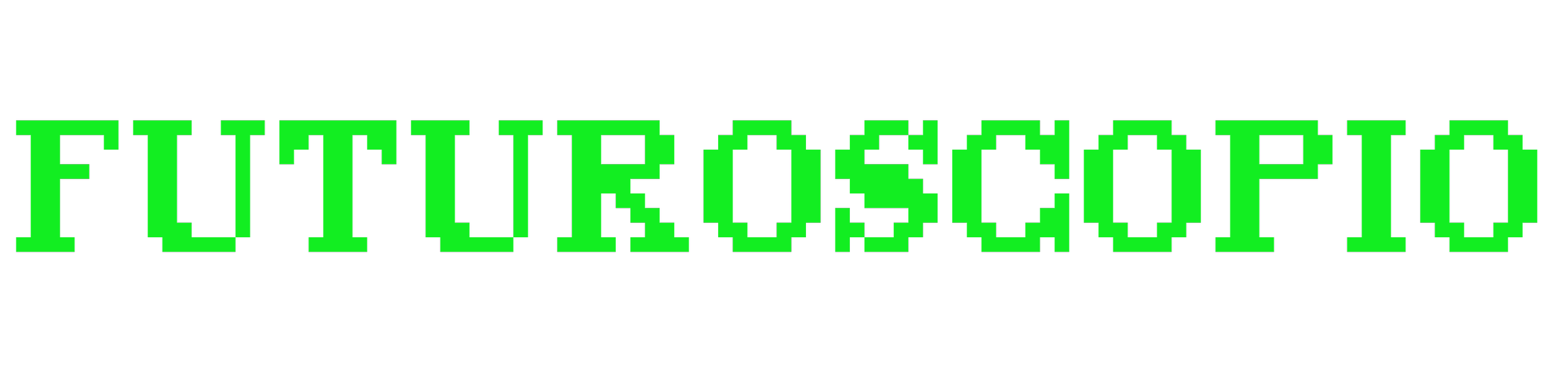 Testo in stile pixel art verde su sfondo nero futuro e tecnologia