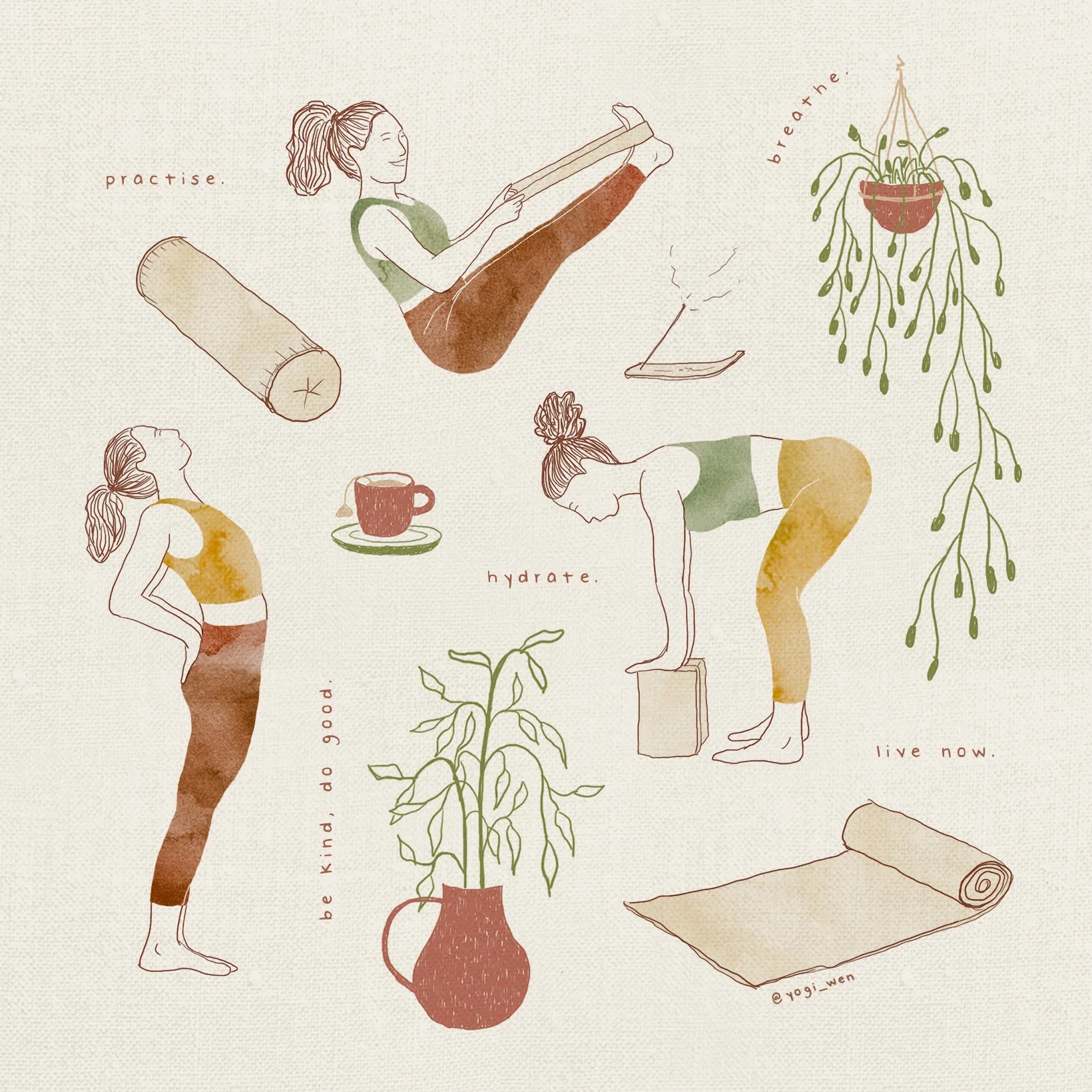 Illustrated yoga-themed design featuring women practicing yoga, a rolled yoga mat, a bolster, a potted plant, incense, a cup of tea, and motivational phrases like 'practise', 'hydrate', and 'breathe'.