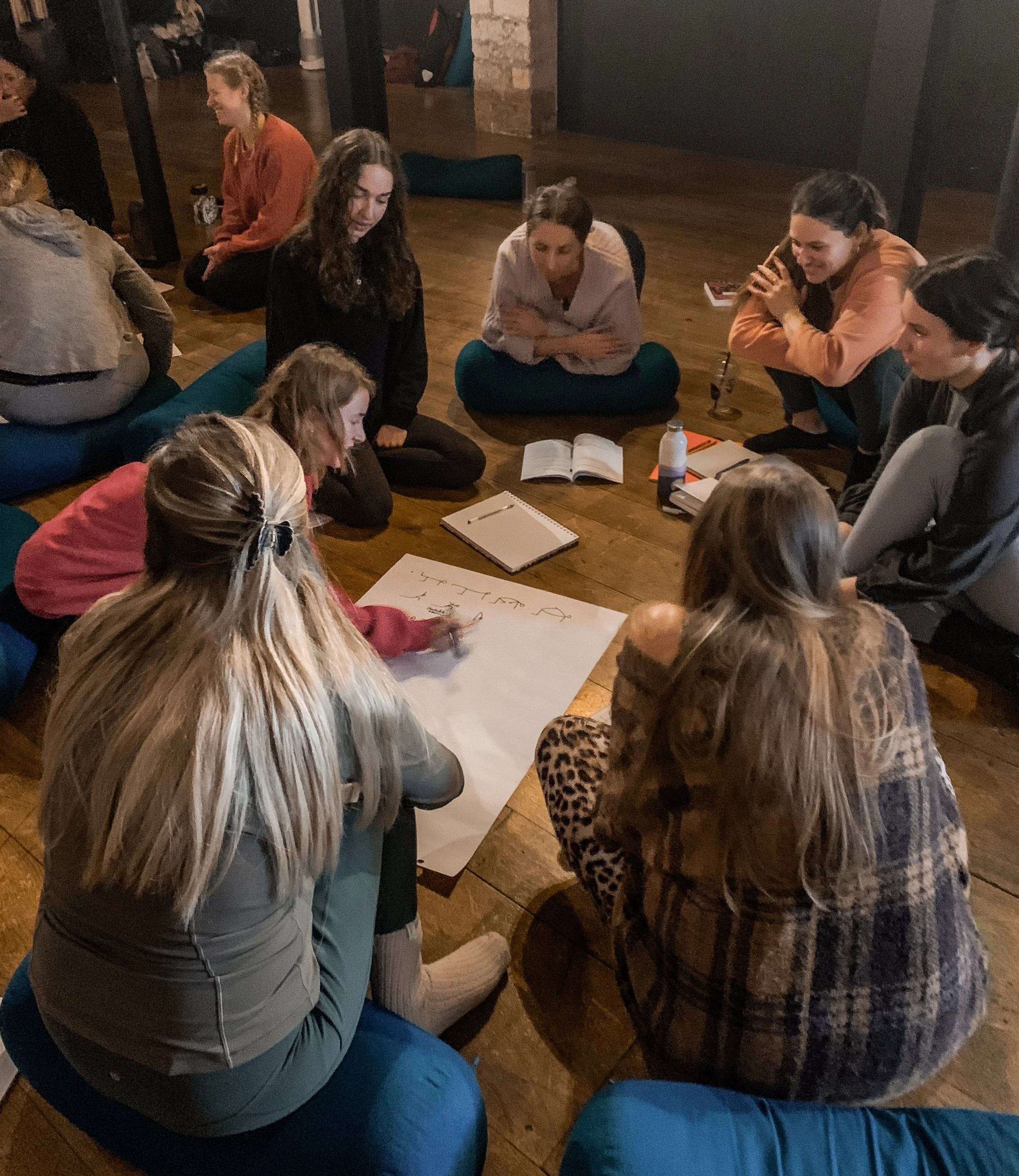 Group of young women sitting on the floor, engaging in a collaborative activity around a large sheet of paper with writing on it, in a cozy indoor setting.