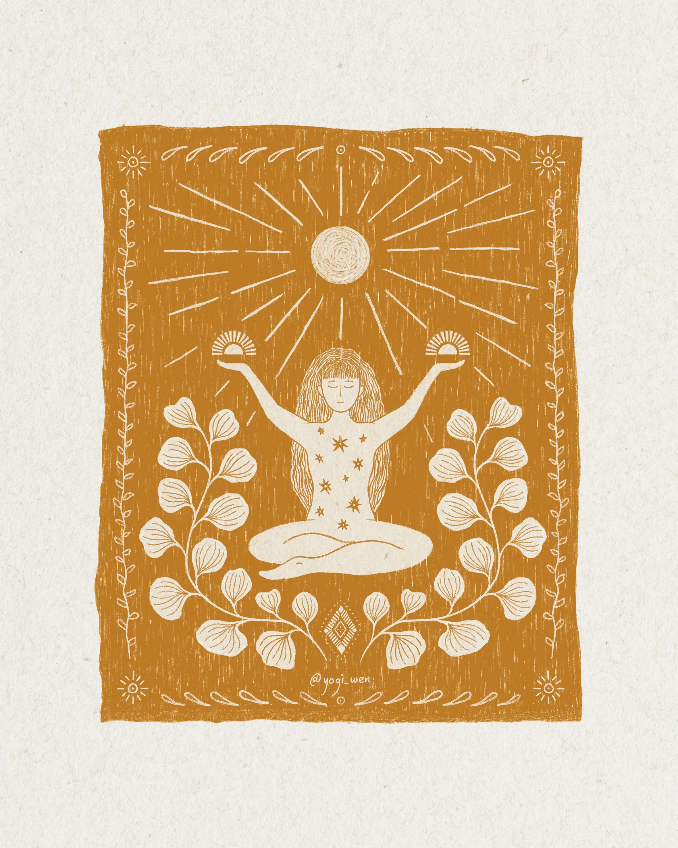 Illustration of a meditating woman with raised arms, surrounded by sun and plant motifs, set against a textured border.