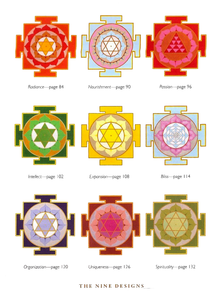 A collection of nine colorful, geometric chakra symbols arranged in a 3x3 grid pattern.