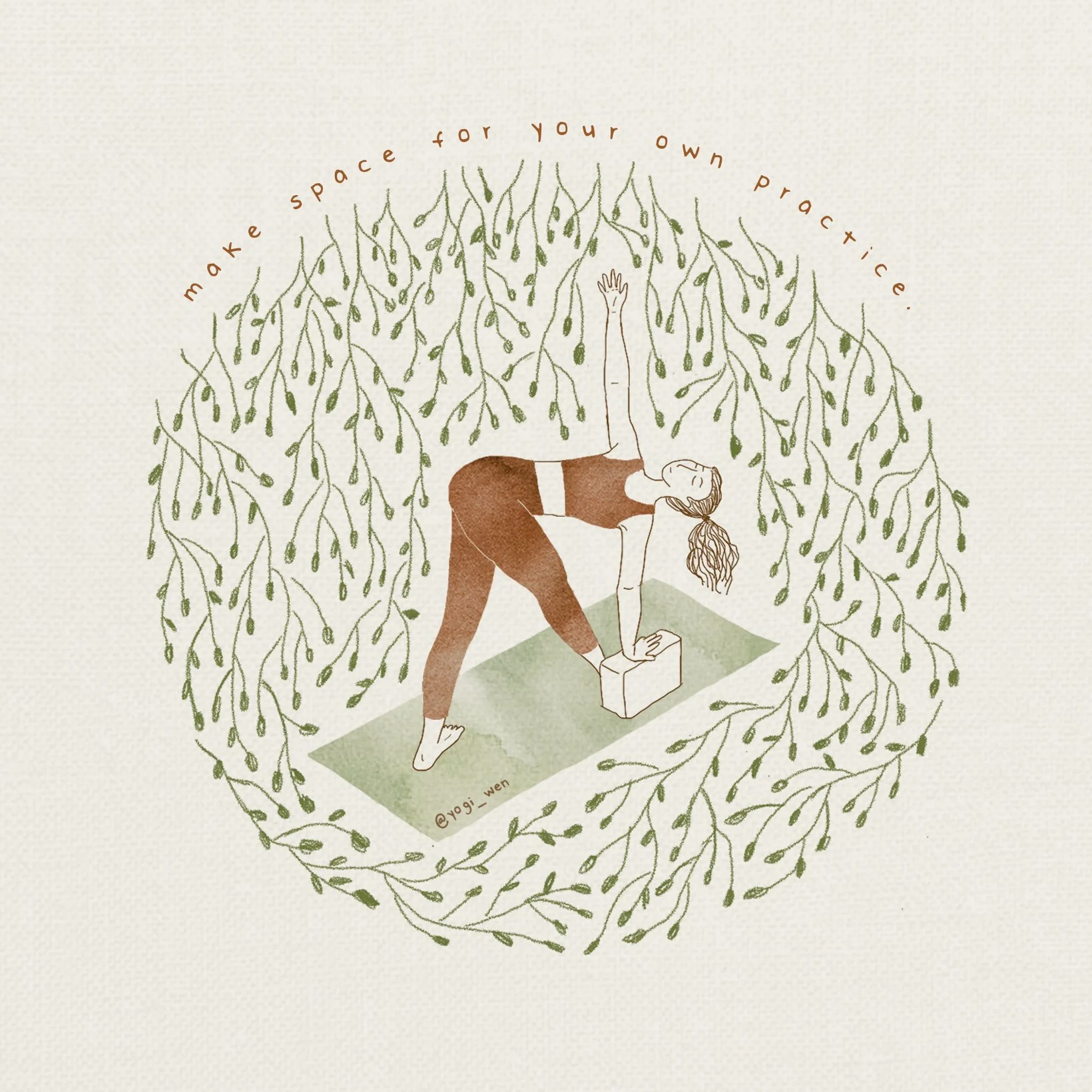 Illustration of a person practicing yoga, performing a triangle pose with the aid of a block, surrounded by a circular pattern of green leaves. Text above reads "make space for your own practice."