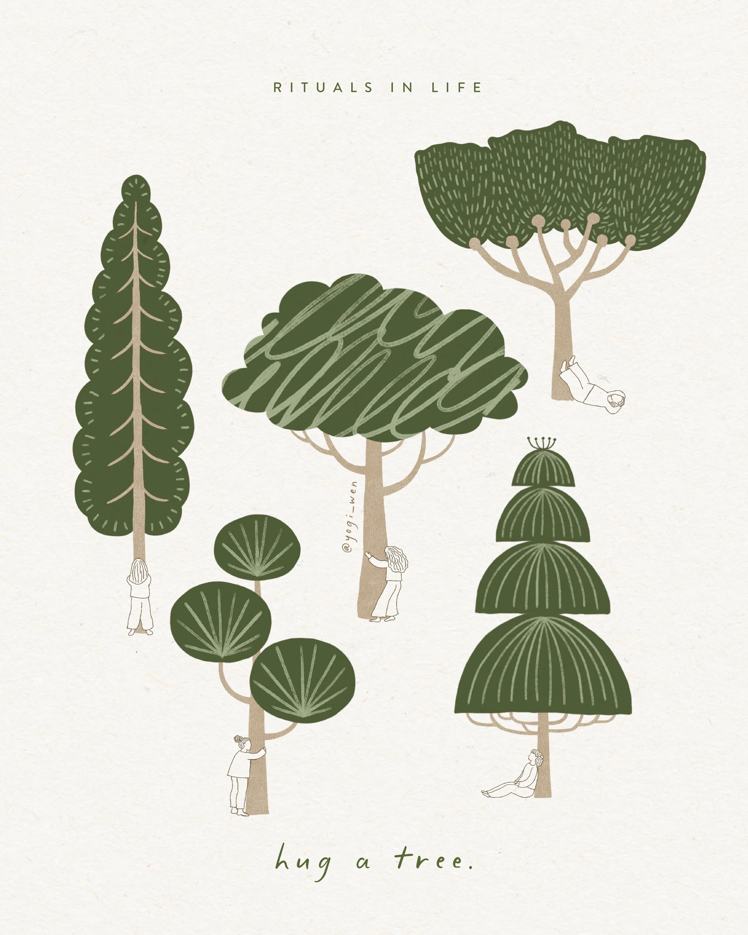 Illustration of various people hugging different styles of trees, with the text "Rituals in Life: Hug a Tree."