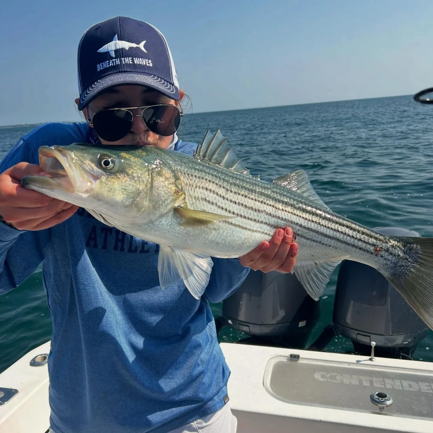 Who&rsquo;s kissing the first striper they catch this season? 🙋🏻&zwj;♂️ Prime dates are starting to fill in! Don&rsquo;t sleep 😴 the season will be here before we know it!! 

@goosehummockshops @hogyfishing @grundens @contenderboatsofficial #offsh