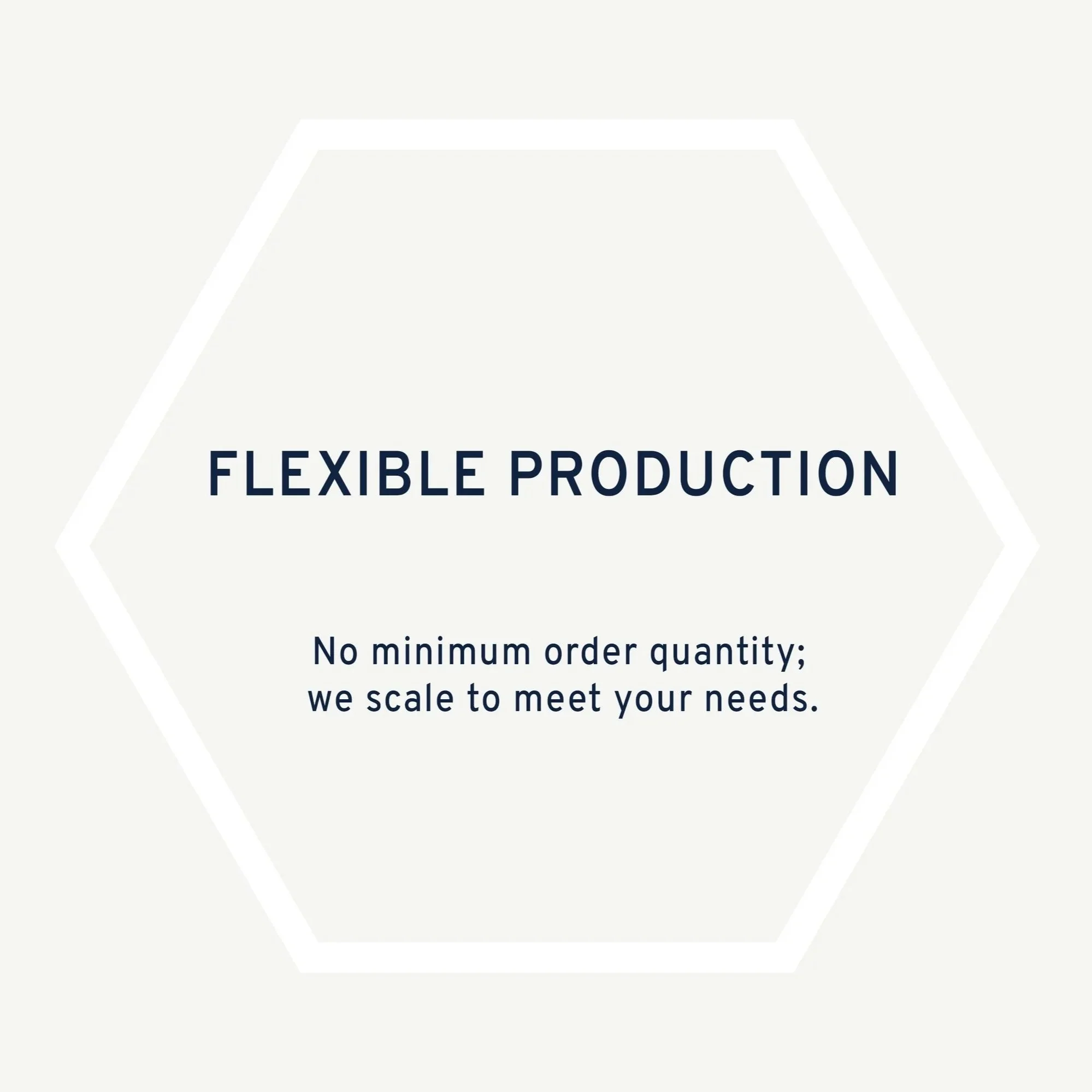A promotional graphic with a white hexagon shape containing text about flexible production and no minimum order requirements.