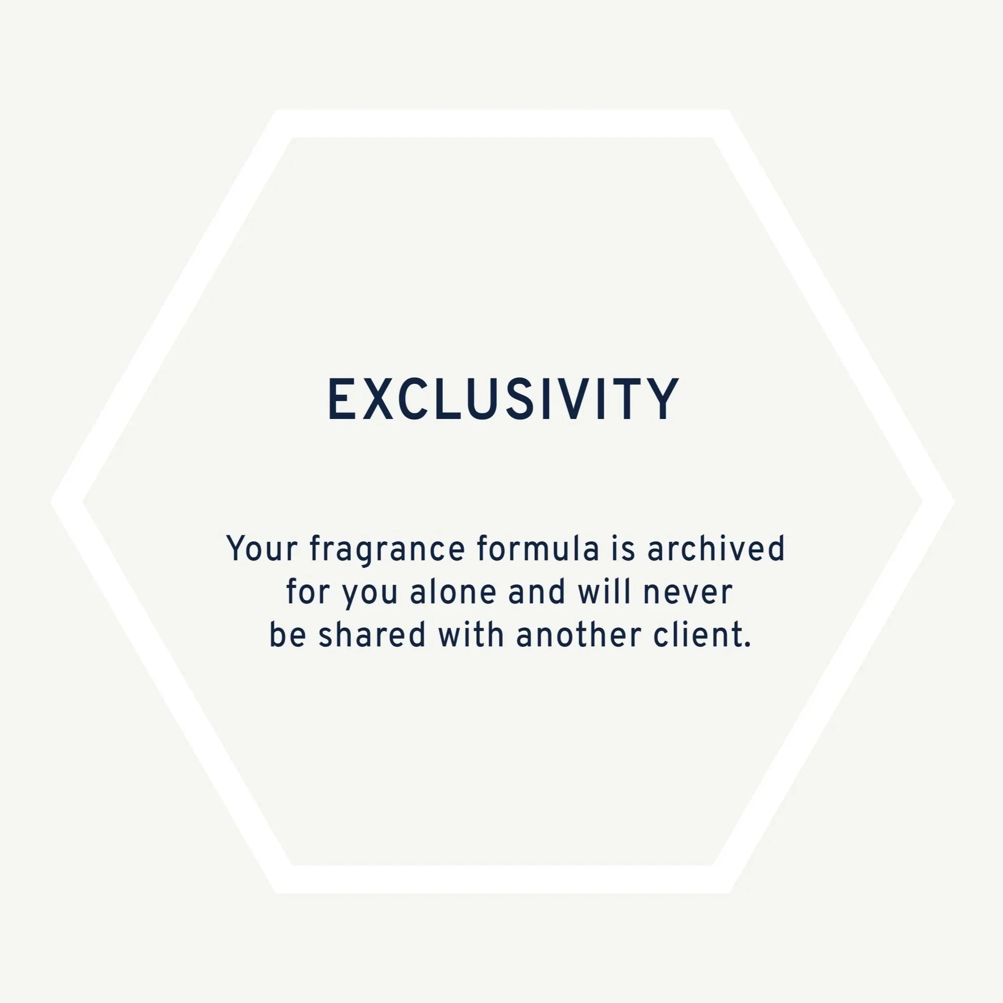 Hexagon shape with the word 'Exclusivity' and a message about a fragrance formula being archived for the client and never shared.