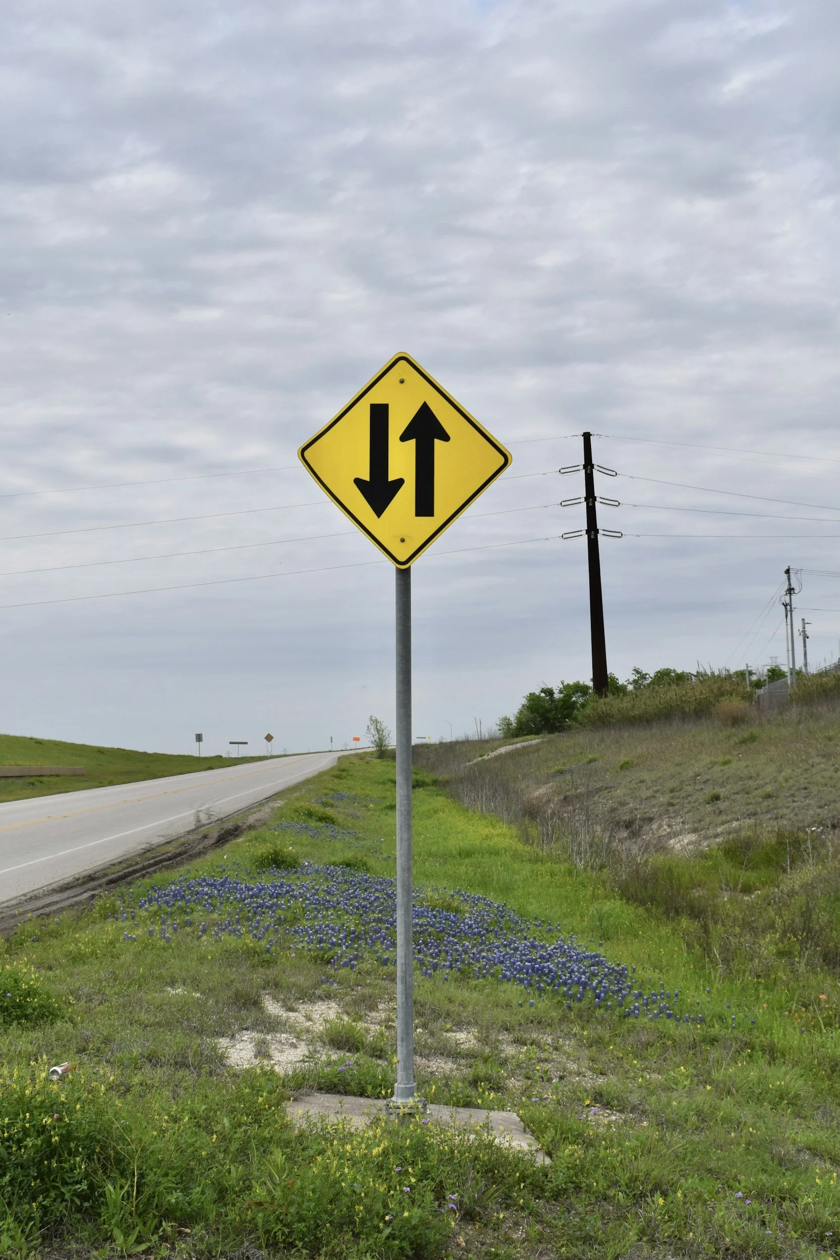 A yellow diamond-shaped traffic sign indicating a two-way street with arrows pointing up and down, situated beside a rural road under a cloudy sky.