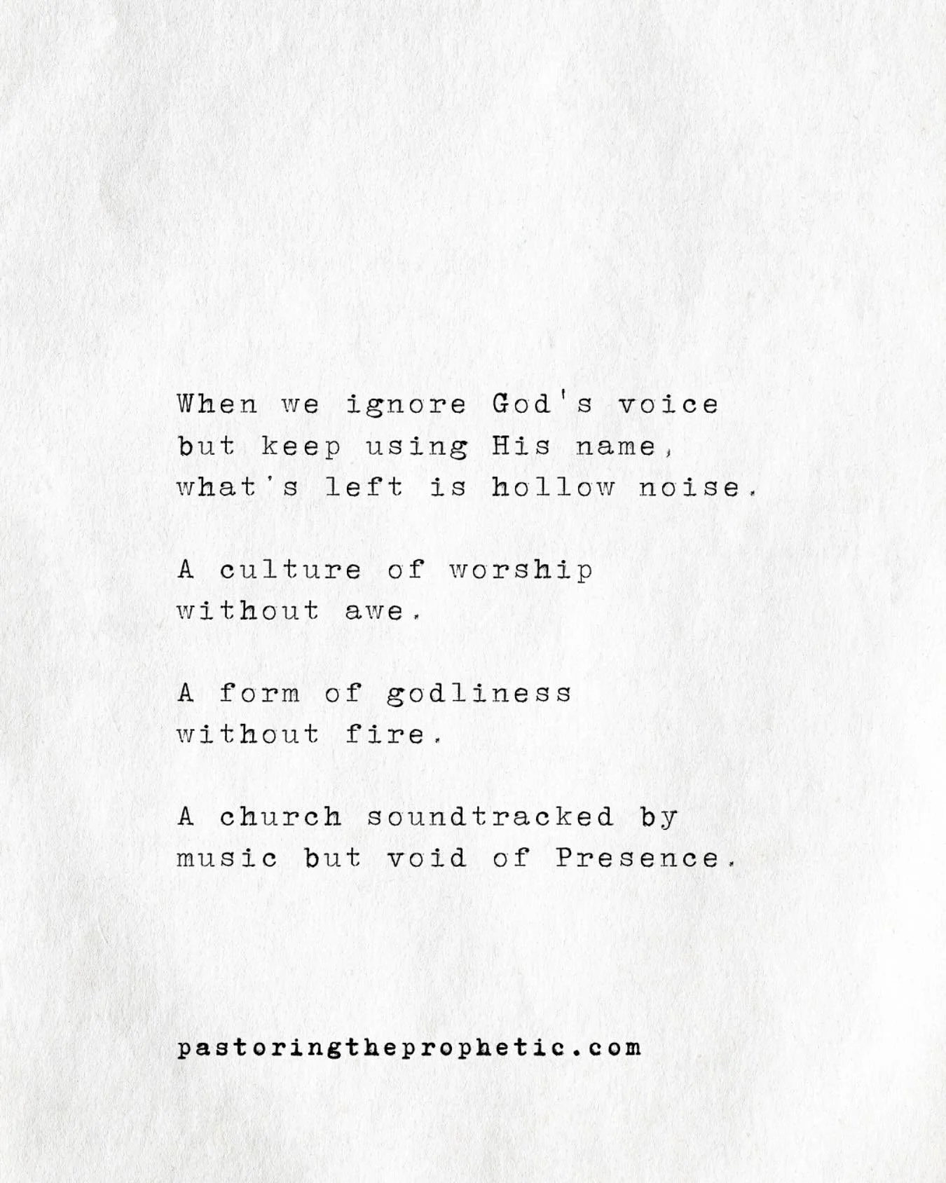 New blog just dropped: &ldquo;Hallowed Voice vs. Hollow Noise.&rdquo;
I&rsquo;ve been sitting in Jeremiah for weeks&mdash;and the Lord is exposing how easy it is to build something around His name while ignoring His voice.
Worship without awe.
A form