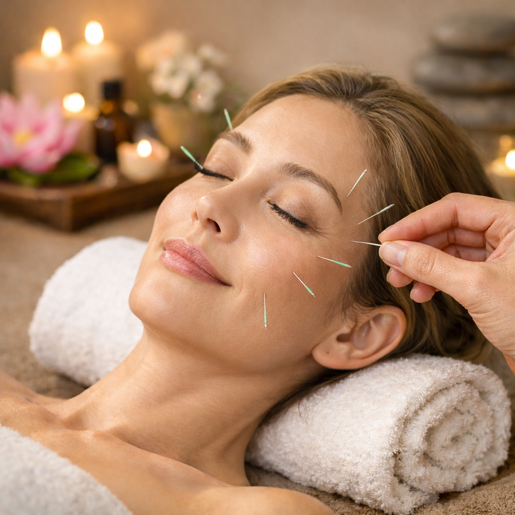 Woman receiving facial acupuncture treatment with acupuncture needles placed on her face, lying relaxed with eyes closed in a spa setting.