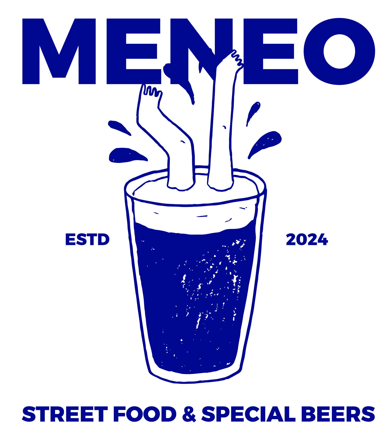 Logo de un vaso con bebida y dos dedos levantados, acompañado del texto 'MENEO' en letras grandes y azul, con 'ESTD 2024' a los lados y la frase 'STREET FOOD & SPECIAL BEERS' abajo en azul, en fondo negro.