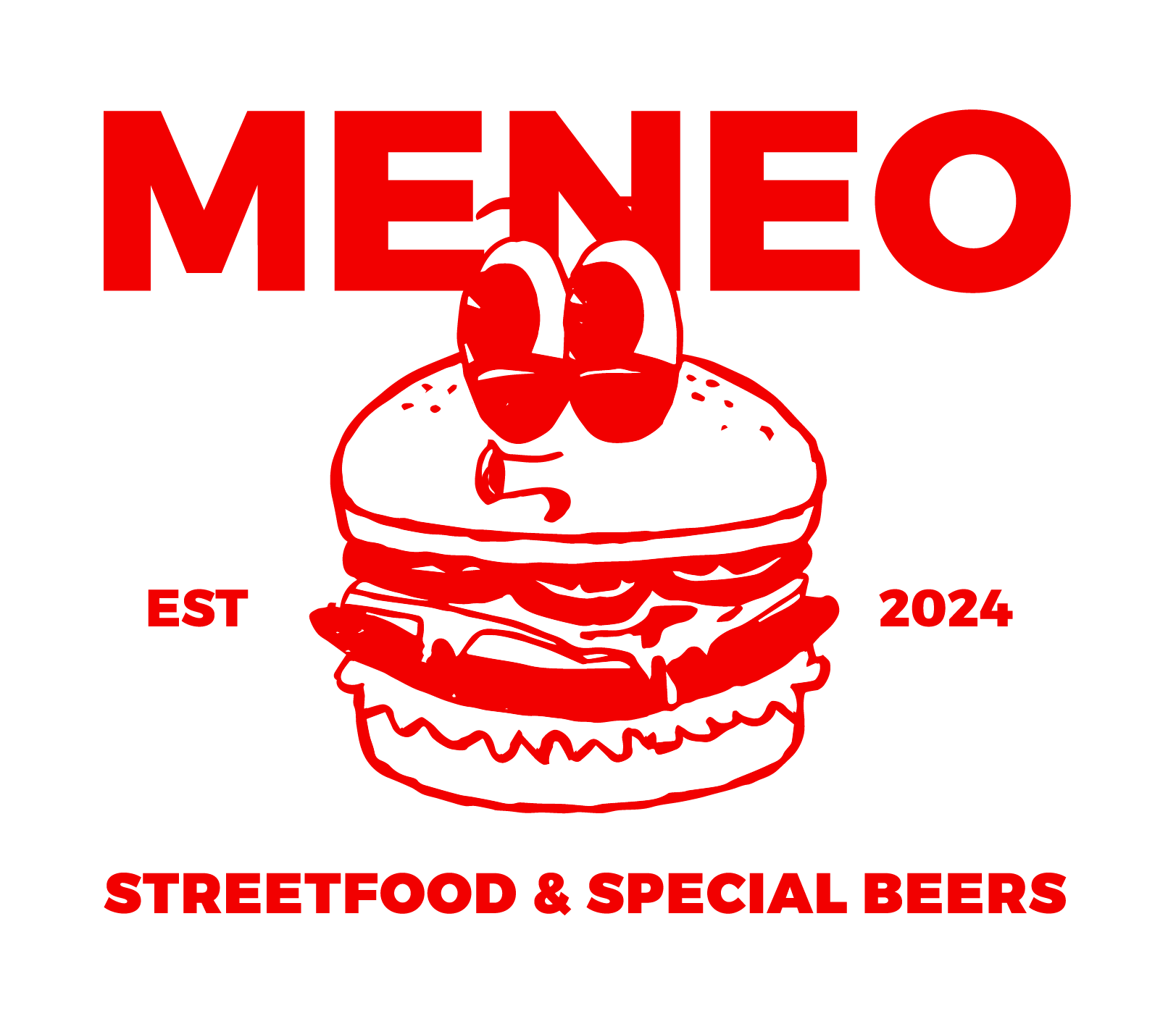 Logo en colores negro y rojo con una ilustración de una hamburguesa que tiene ojos y dos remolinos en lugar de bocas. Texto en letras grandes que dice 'MENE'O', con 'EST 2024' a los lados y 'STREETFOOD & SPECIAL BEERS' en la parte inferior.