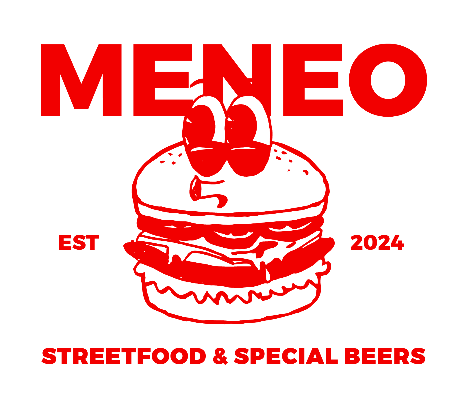 Logotipo de un restaurante llamado 'Menéo', que ofrece comida callejera y cervezas especiales, establecido en 2024. El logotipo incluye la imagen de una hamburguesa con ojos de caricatura y expresión sonriente, en tonos rojos y blancos sobre un fondo negro.