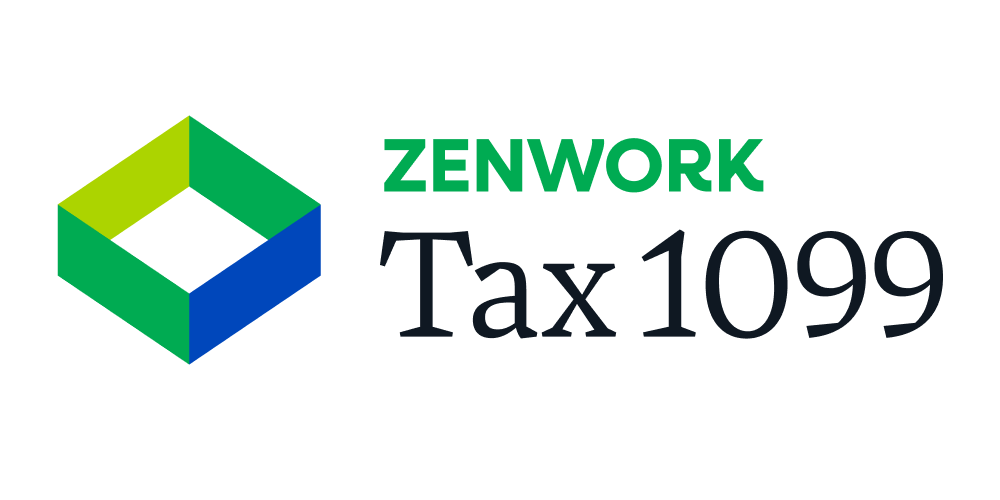 Logo for Zenwork Tax 1099, featuring a geometric cube with green, yellow, and blue sides, and the text "ZENWORK Tax 1099" next to it.