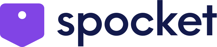 The image displays the logo of Spocket, a purple and black pocket-shaped icon followed by the word 'spocket' in lowercase letters.