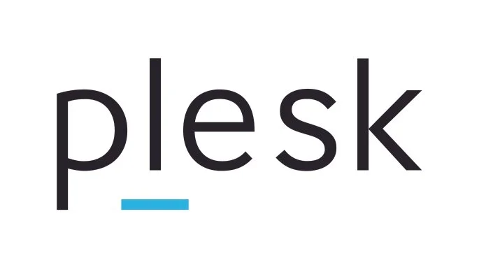 Plesk logo with the word 'plesk' in black lowercase letters and a blue underline below the 'p'