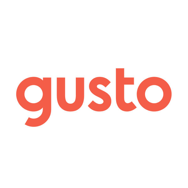 The image features the brand name "Gusto" in lowercase, red text on a white background.