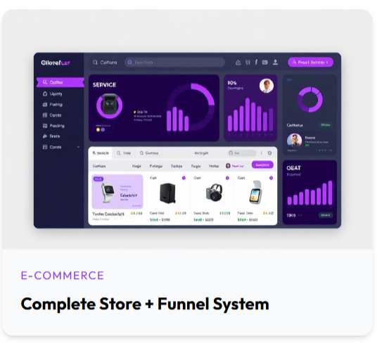 Screenshot of an e-commerce store dashboard displaying sales statistics, product listings, and funnel metrics on a dark-themed interface with purple accents.