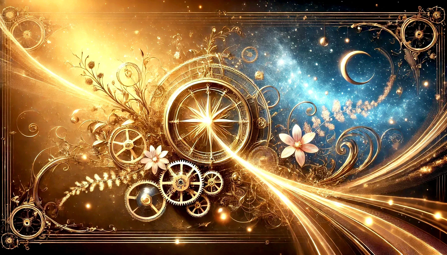 Brand consulting and integrative aligning as represented by a gorgesous AI image of cosmic flowers, steampunk wheels and classic Emily Jensen amazingness.
