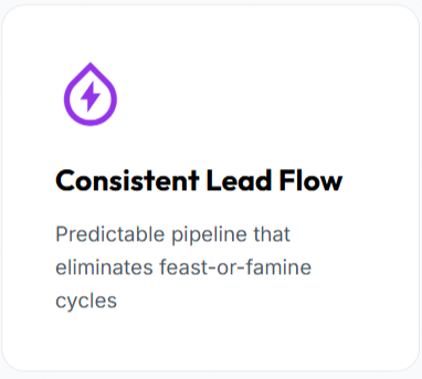 Icon of a purple drop with a lightning bolt inside, above the text 'Consistent Lead Flow' and description 'Predictable pipeline that eliminates feast-or-famine cycles'.