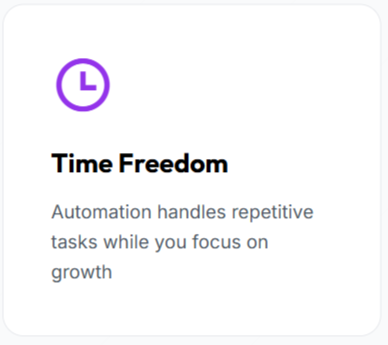 A graphic with a purple clock icon and the title 'Time Freedom' above a description that reads, 'Automation handles repetitive tasks while you focus on growth.'
