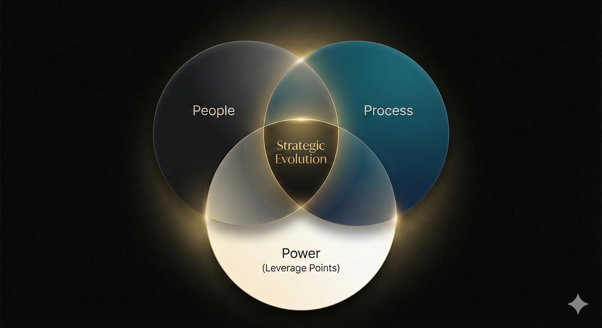 A Venn diagram showing three overlapping circles labeled People, Process, and Power (Leverage Points). The center where all three overlap is labeled Strategic Evolution.