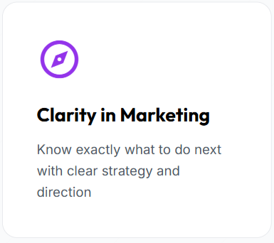 Icon of a purple compass above the text "Clarity in Marketing" and the phrase "Know exactly what to do next with clear strategy and direction."