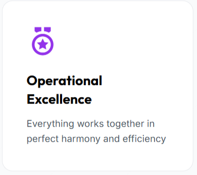 Icon of a stopwatch with a star inside, above the text 'Operational Excellence,' with the subtitle 'Everything works together in perfect harmony and efficiency'.