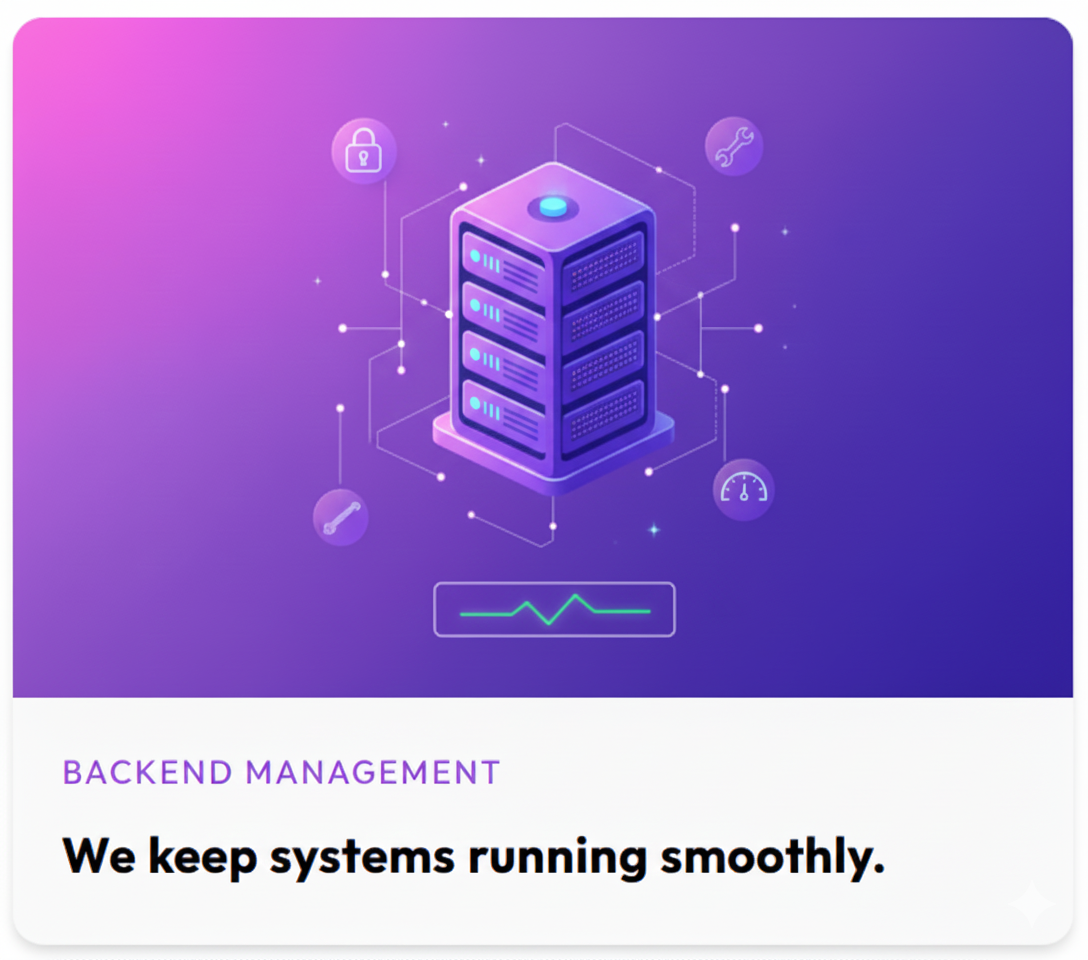 An illustration of a server rack with technology icons indicating security, tools, temperature, and performance, representing backend management and system maintenance.